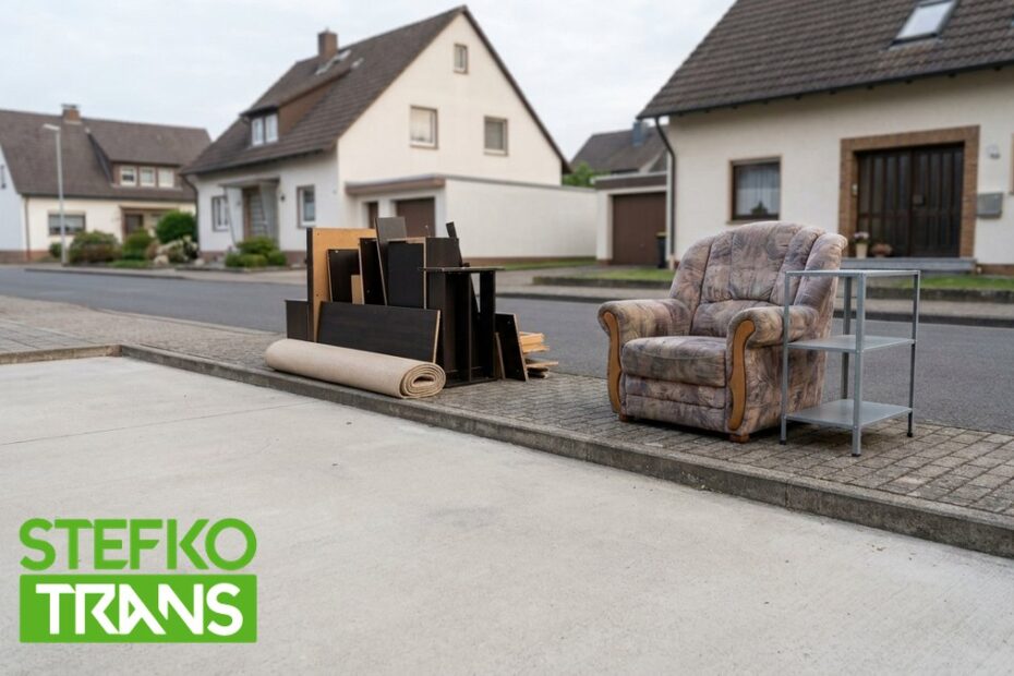 Sperrmüll ordentlich sortiert am Straßenrand in Würzburg zur Abholung bereitgestellt – Schrank, Sessel, Teppich und Metallregal getrennt